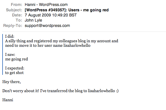 The helpful reply from the very clever Hanni at WordPress The helpful reply from the very clever Hanni at WordPress