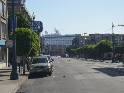 A massive cruise ship at the end of our road A massive cruise ship at the end of our road