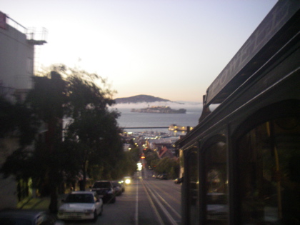 I'm sorry this shot is out of focus, but bowling up a hill on a San Francisco Trolly Bus, with a view over Alcatraz was too much for my flash to cope with!