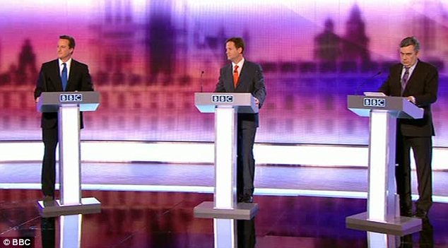 BBC debate - showing Nick Clegg of the Liberal Democrats at the centre of the stage