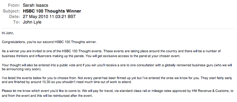 HSBC 100 Thoughts winner