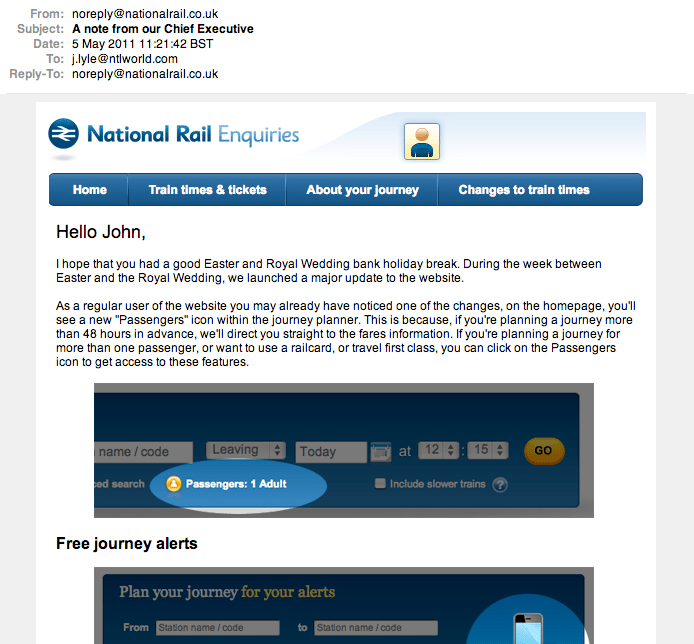 A lovely Personalised email from Chris, our friendly Chief Executive of National Rail