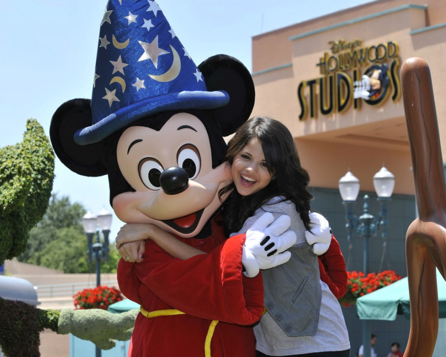 Selena Gomez and Mickey Mouse hugging