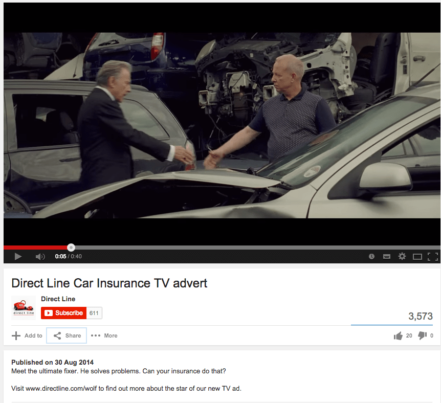 One week on and only 3,573 views for the Harvey Keitel ad on YouTube for Direct Line