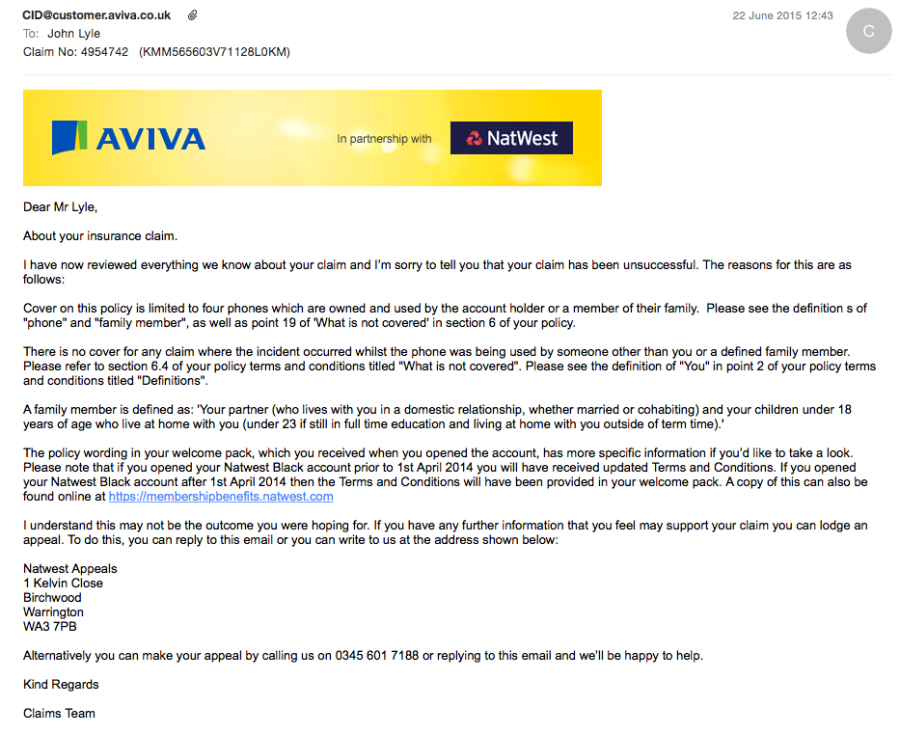 The rejection letter from Aviva Natwest and Carphone whorehouse