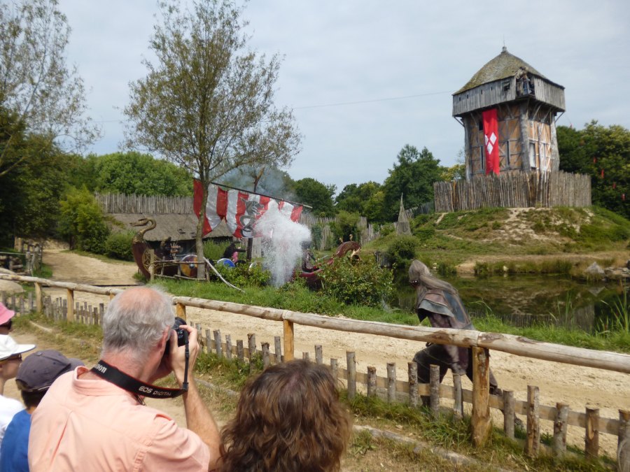 A viking ship arrives as part of the viking show at Puy du Fou