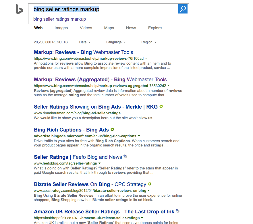 Bing Seller ratings search results in Bing